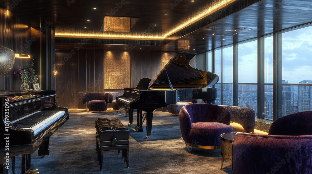 A sophisticated music room with a grand piano A sophisticated music room with a grand piano