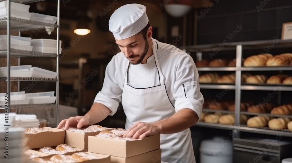 A dedicated male baker packs fresh, warm baked goods into paper bags in a bustling bakery, embodying tradition and craft. A dedicated male baker packs fresh, warm baked goods into paper bags in a bustling bakery, embodying tradition and craft.