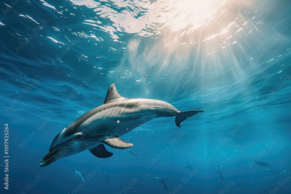 Fototapeta premium Sunlit Dolphins Swimming Underwater in Crystal Clear Ocean