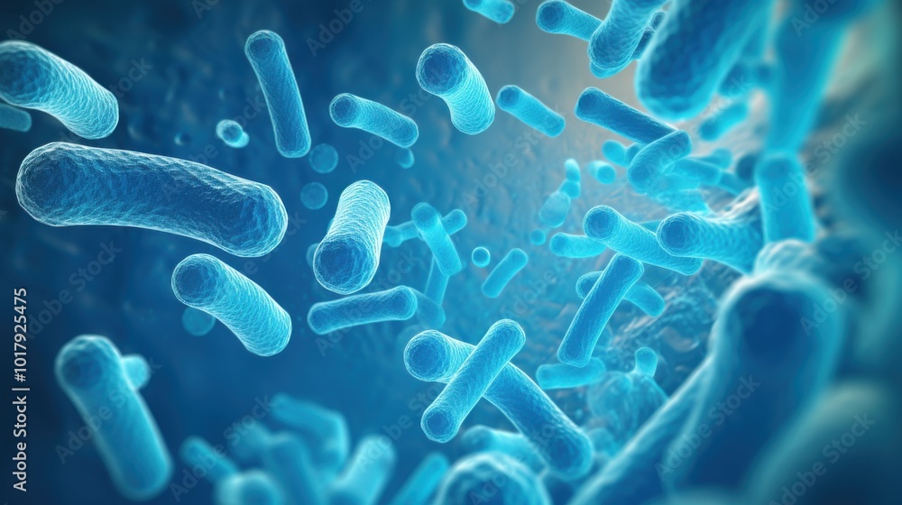 Microscopic view of vibrant blue bacteria floating in a fluid ...