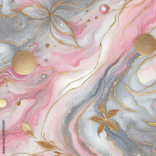 Blush Marble Waves | A captivating abstract background of flowing pink hues intertwined with shimmering gold lines, resembling the movement of marble waves.