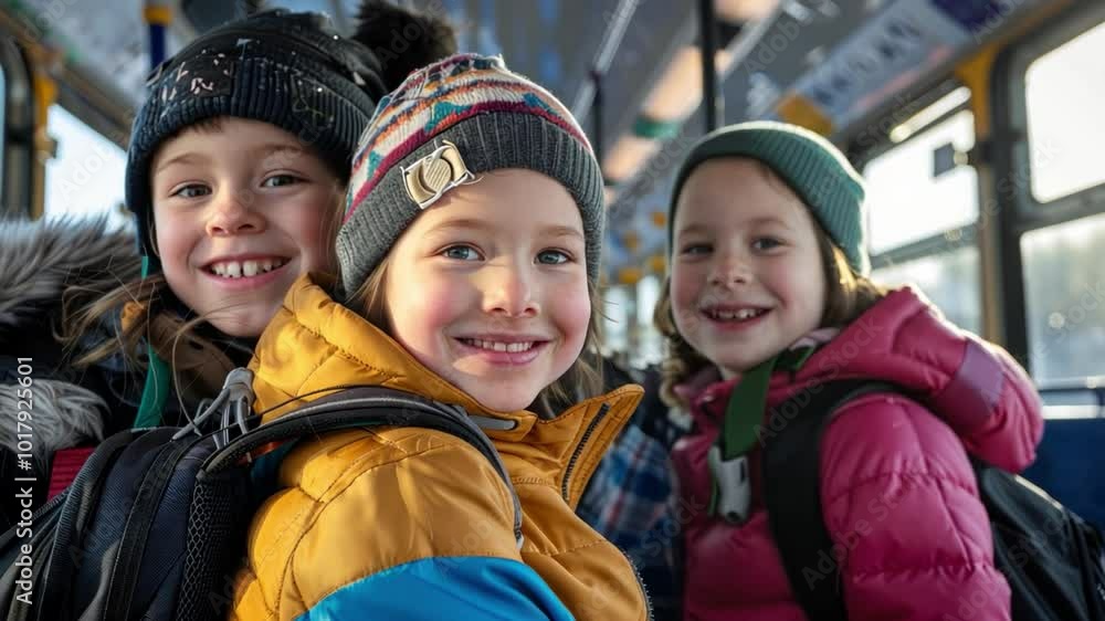 Smiling children, backpacks on the bus, chatting about their homework and hobbies. Smiling children, backpacks on the bus, chatting about their homework and hobbies.
