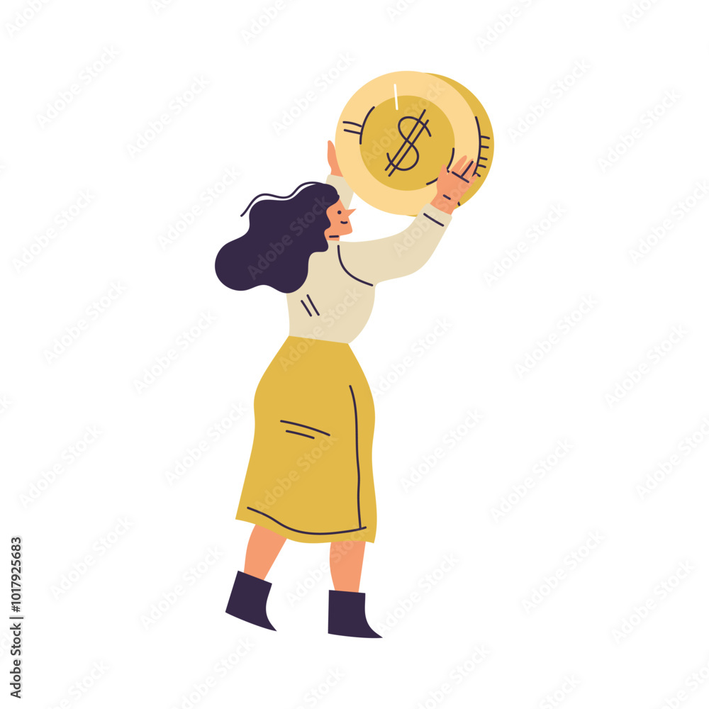 Woman Character Have Capital Holding Money Golden Coin Vector Illustration Woman Character Have Capital Holding Money Golden Coin Vector Illustration