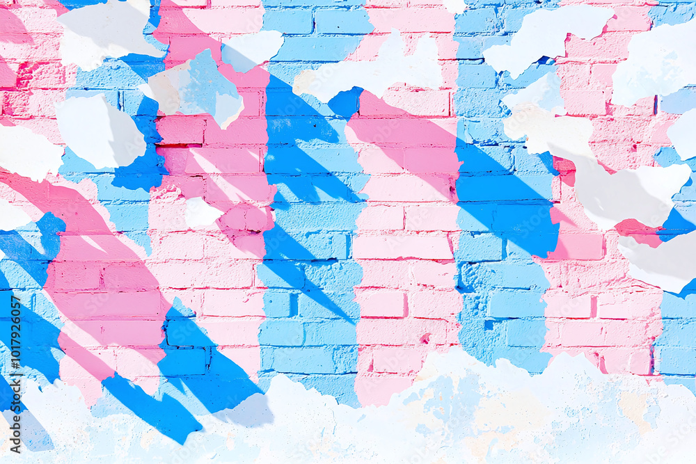 Fototapeta premium an urban backdrop featuring a brick wall with chipped blue and pink paint