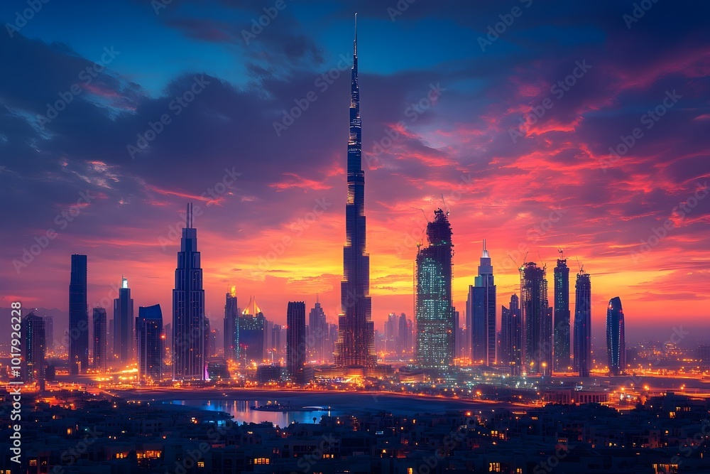 Obraz premium Breathtaking Dubai Skyline at Dramatic Sunset with Towering Skyscrapers and Vibrant Colors