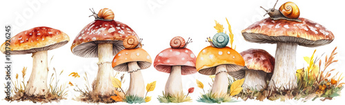 Watercolor wild boletus mushroom with a snail on top, a clipart set isolated on a white background