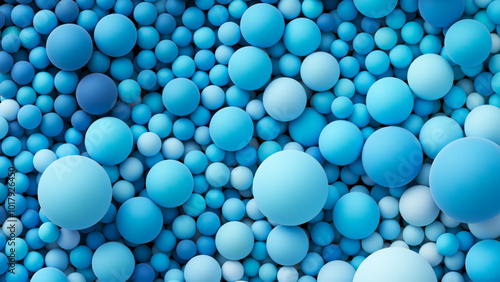 Many ocean blue bright color random soft balls background. Colorful balloons wall decoration of a children's festival. Huge pile of blue smooth gradient balls in various sizes. Vector background