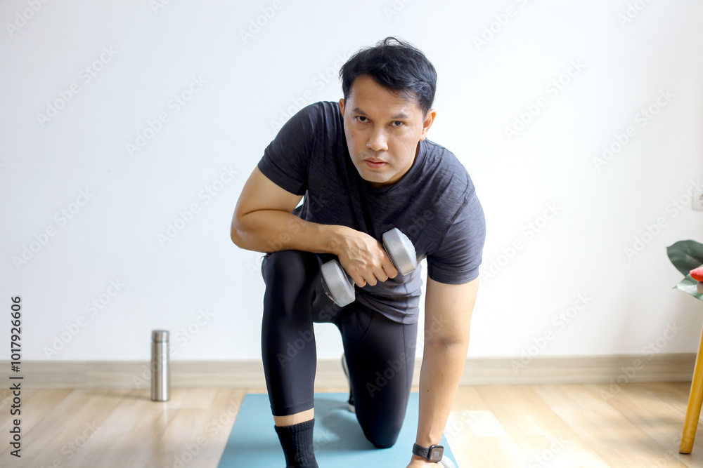 Portrait of Asian sporty man doing dumbbells workout at home, working on arms strength. Portrait of Asian sporty man doing dumbbells workout at home, working on arms strength.