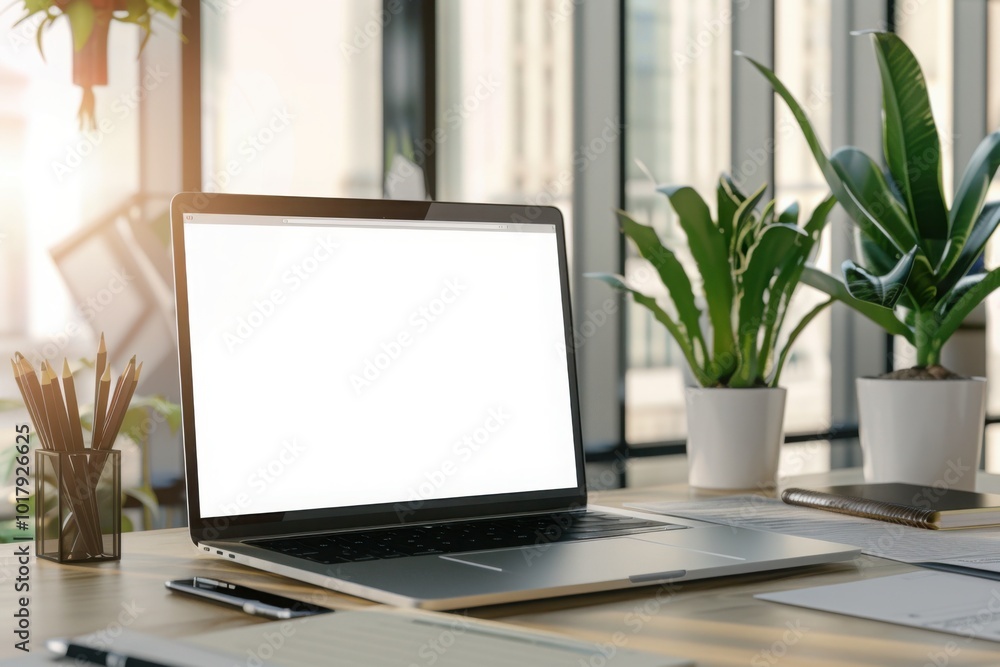A modern office desk with an open laptop and green plants by the window, providing a bright and productive workspace environment.
A modern office desk with an open laptop and green plants by the window, providing a bright and productive workspace environment.