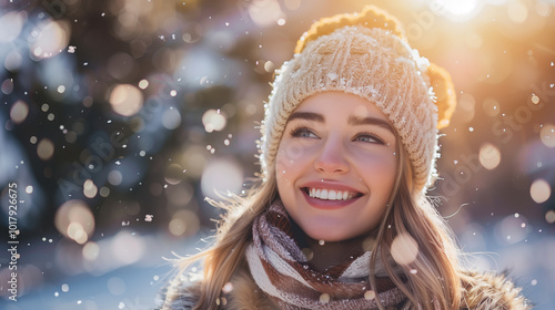 Attractive happy winter woman wearing knitted hat enjoying snow and smiling on natural cold snowy background outdoors, fashion beauty portrait