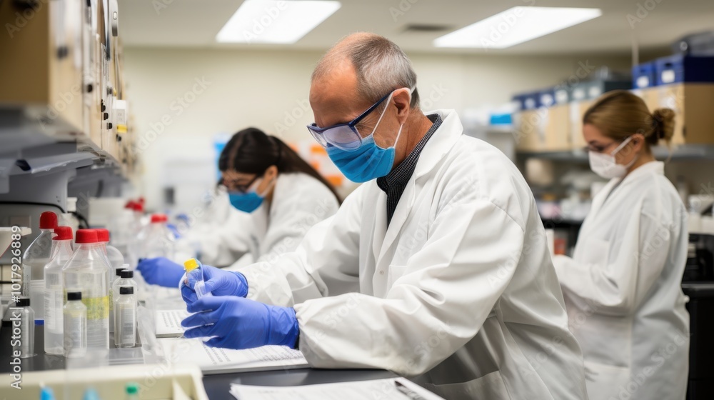Scientists clad in lab coats and masks work diligently at a lab bench, embodying focus and innovation in a modern research facility. Scientists clad in lab coats and masks work diligently at a lab bench, embodying focus and innovation in a modern research facility.