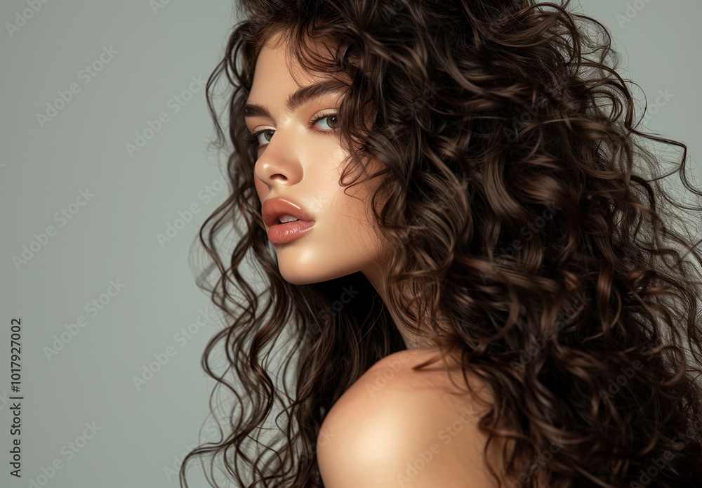 Posing brunette model woman with long curly hair. Young adult woman with hairstyle wavy curls. Fashion, beauty and makeup concept Posing brunette model woman with long curly hair. Young adult woman with hairstyle wavy curls. Fashion, beauty and makeup concept