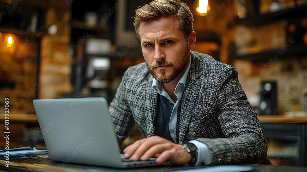 A focused man working on a laptop in a cozy office setting.