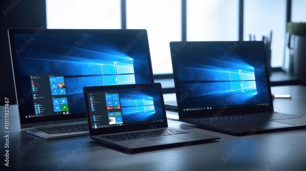 A trio of electronic devices, including a desktop, laptop, and tablet, glow with synchronized blue hues, showcasing the seamless integration of updates. A trio of electronic devices, including a desktop, laptop, and tablet, glow with synchronized blue hues, showcasing the seamless integration of updates.
