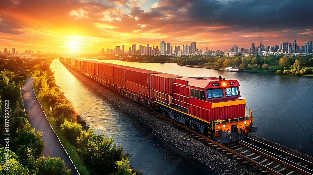 A freight train travels along a river at sunset near a city skyline. A freight train travels along a river at sunset near a city skyline.
