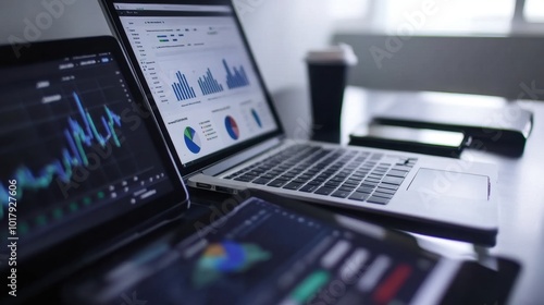 Data Analysis Workspace with Laptops and Coffee Cup