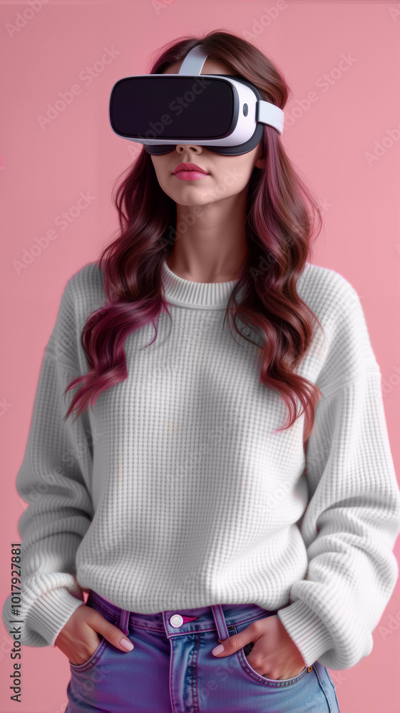A young woman wearing a virtual reality headset stands against a pink background, immersed in a digital world. This image is perfect for tech promotions, gaming, or virtual reality content A young woman wearing a virtual reality headset stands against a pink background, immersed in a digital world. This image is perfect for tech promotions, gaming, or virtual reality content