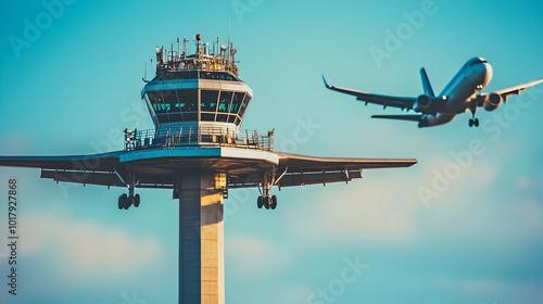 Airplane Approaching Airport Control Tower. photo