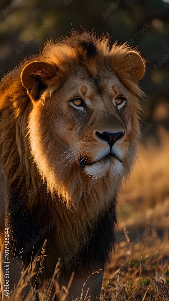 Fototapeta premium Lion’s Majestic Profile Against Sunlit Savannah, Showcasing Wild African Habitat
