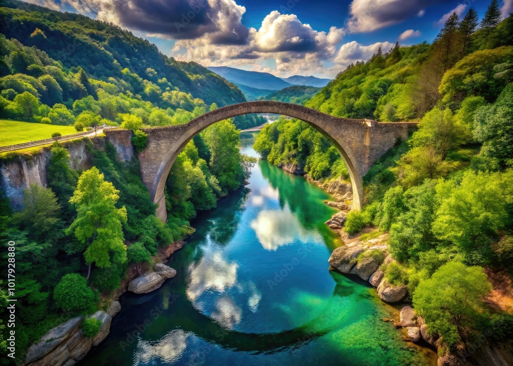Fototapeta premium Majestic Arch Bridge Spanning Tranquil River Surrounded by Lush Greenery Under Clear Blue Sky