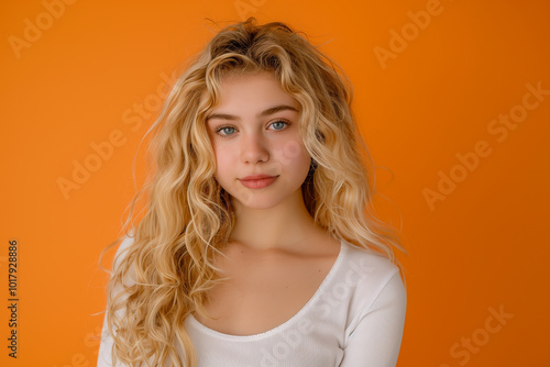 Cute young woman with blonde wavy hair and natural make-up on orange studio wall background