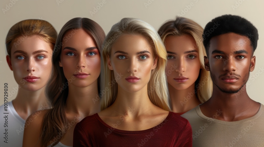 A group of five diverse young men and women posing together, showcasing diversity and unity in their collective portrait.
A group of five diverse young men and women posing together, showcasing diversity and unity in their collective portrait.
