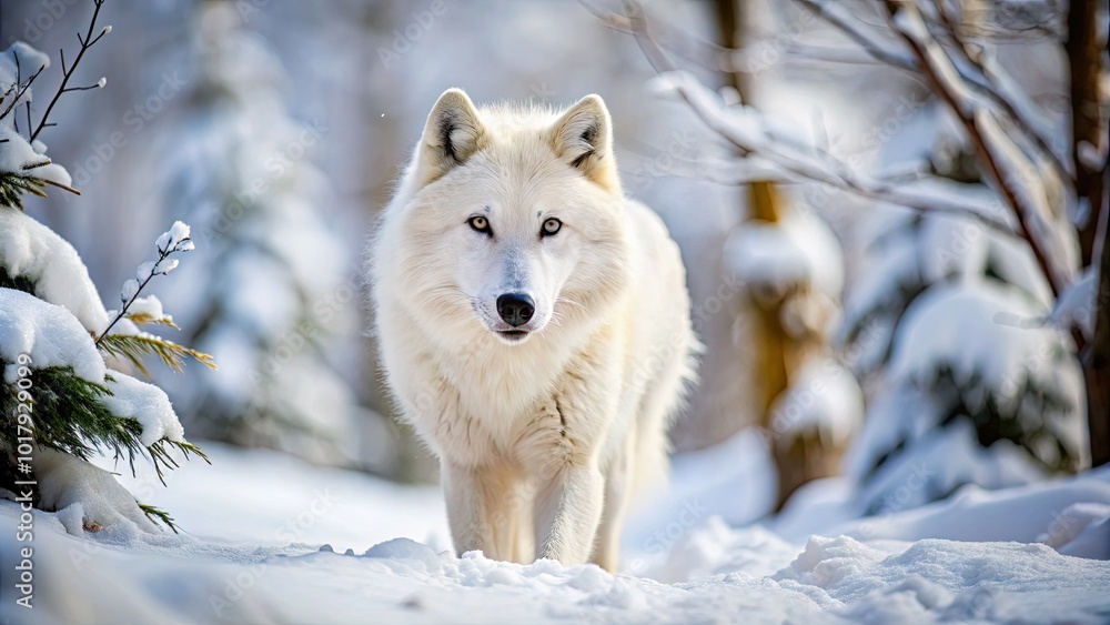 Obraz premium Majestic Arctic White Wolf Stalking Through Snowy Landscape in the Heart of Winter Wilderness