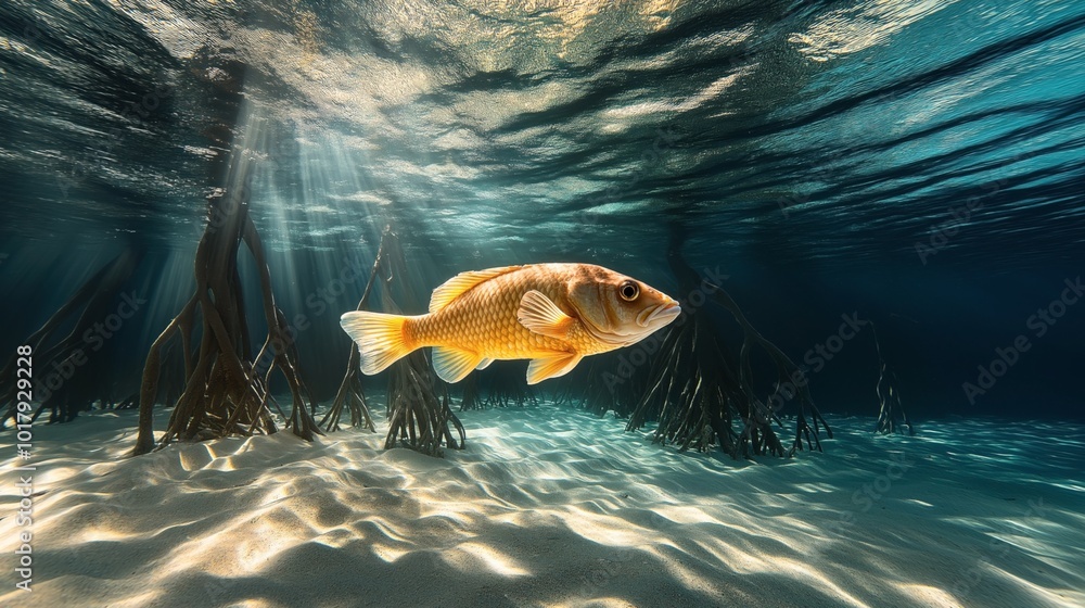 Φωτογραφία Underwater scene featuring a golden fish swimming near the sandy ocean floor with sun rays penetrating through the water, alongside tree roots and clear blue water