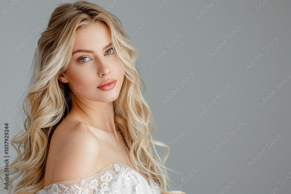 Healthy beauty fashion model with make-up, clear skin and blond long shiny wavy hairstyle. Hair care, coiffure and cosmetic concept Healthy beauty fashion model with make-up, clear skin and blond long shiny wavy hairstyle. Hair care, coiffure and cosmetic concept