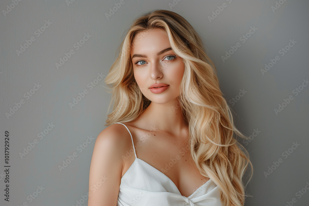 Naklejka premium Beauty portrait of curly hairstyle woman. Blonde fashion model with wavy long hairdo portrait. Volume, coiffure, cosmetic, hair care and hair treatment concept