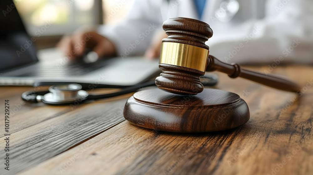 A gavel on a wooden surface near a doctor and a laptop. A gavel on a wooden surface near a doctor and a laptop.