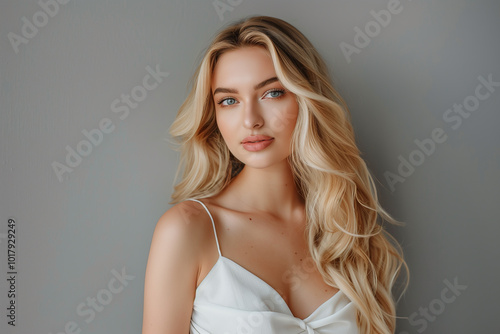 Beauty portrait of curly hairstyle woman. Blonde fashion model with wavy long hairdo portrait. Volume, coiffure, cosmetic, hair care and hair treatment concept