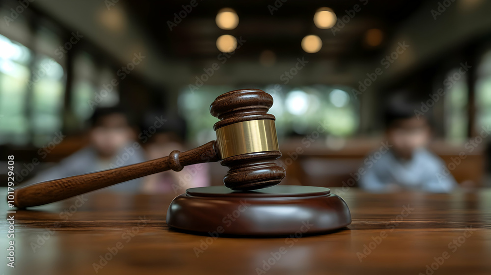 A gavel on a wooden table in a courtroom setting. A gavel on a wooden table in a courtroom setting.
