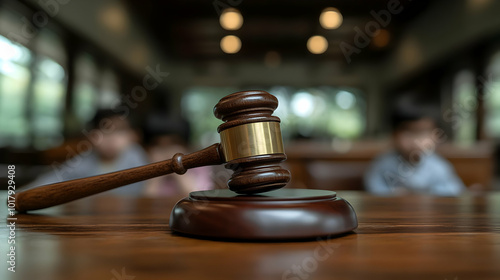 A gavel on a wooden table in a courtroom setting.