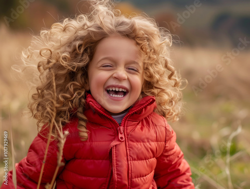 Emotional happy young child girl having fun in autumn park, outdoors autumn portrait