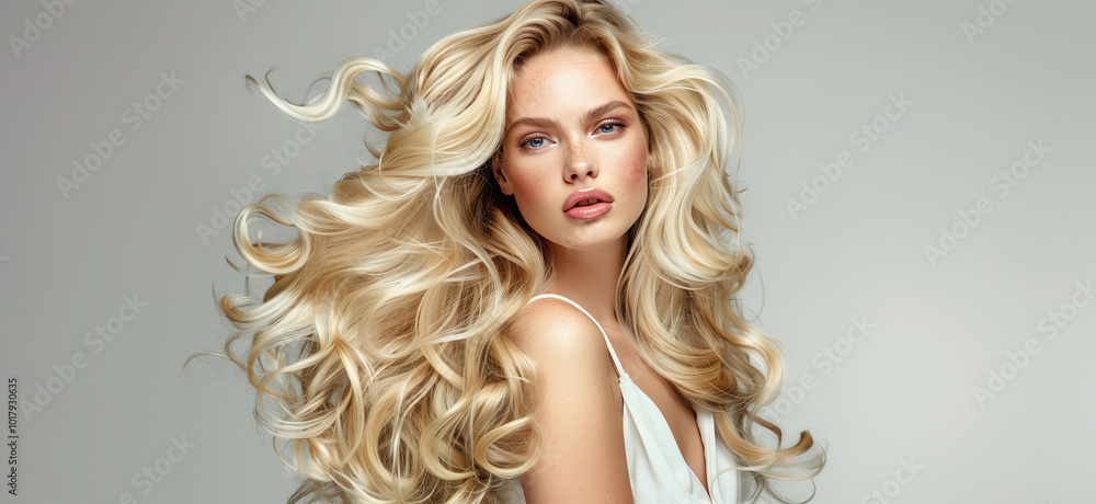 Elegant blonde woman with long wavy hair on white background. Beautiful face close-up. Haircare, salon cosmetic and coiffure concept Elegant blonde woman with long wavy hair on white background. Beautiful face close-up. Haircare, salon cosmetic and coiffure concept