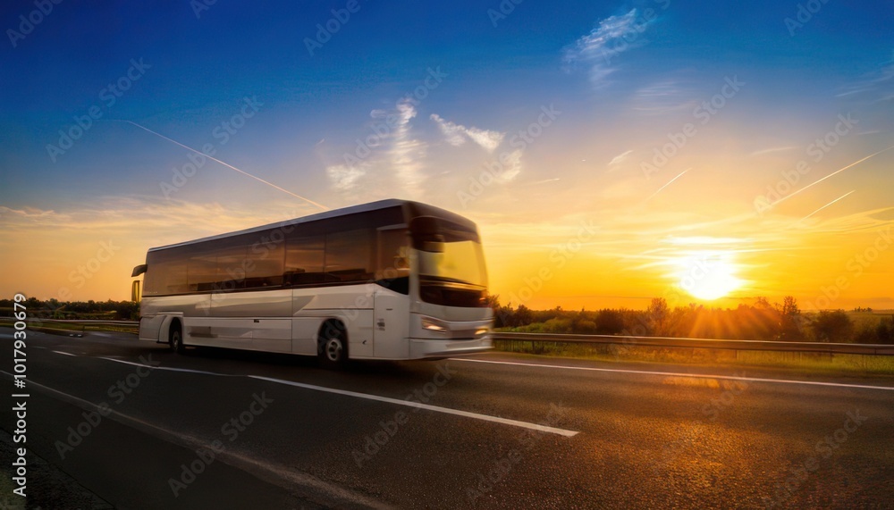 Long exposure of a bus driving on the highway at sunset. side view Long exposure of a bus driving on the highway at sunset. side view