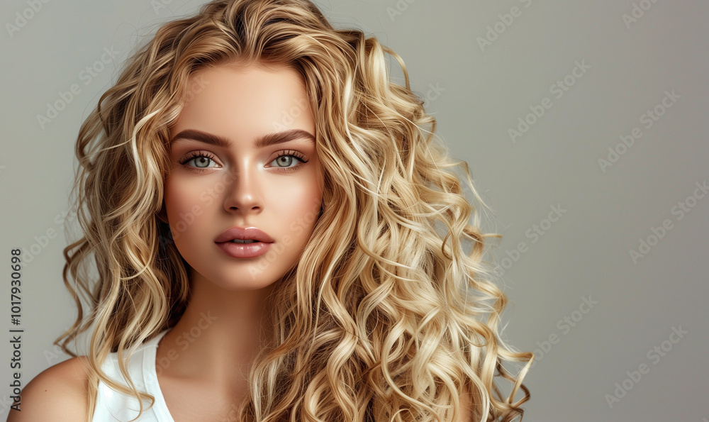 Fashion portrait of blonde woman with long wavy hair on white background. Beautiful face close-up. Haircare, salon cosmetic and coiffure concept Fashion portrait of blonde woman with long wavy hair on white background. Beautiful face close-up. Haircare, salon cosmetic and coiffure concept