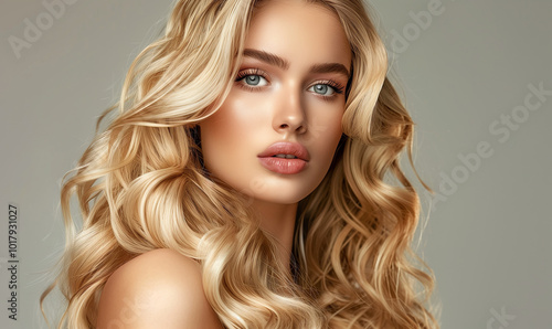 Cute blonde woman with long wavy hair on gray background. Beautiful face close-up. Haircare, salon cosmetic and coiffure concept