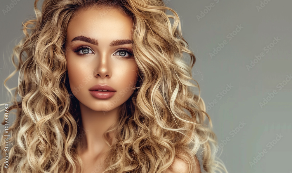 Beautiful curly hairstyle woman. Blonde fashion model with wavy long hairdo portrait. Volume, coiffure, cosmetic, hair care and hair treatment concept Beautiful curly hairstyle woman. Blonde fashion model with wavy long hairdo portrait. Volume, coiffure, cosmetic, hair care and hair treatment concept