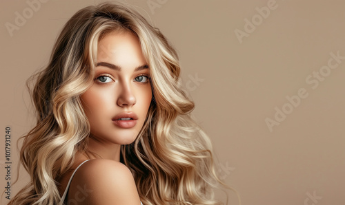 Stylish blonde model face. Long blond hair, fresh skin and natural make-up looking at camera