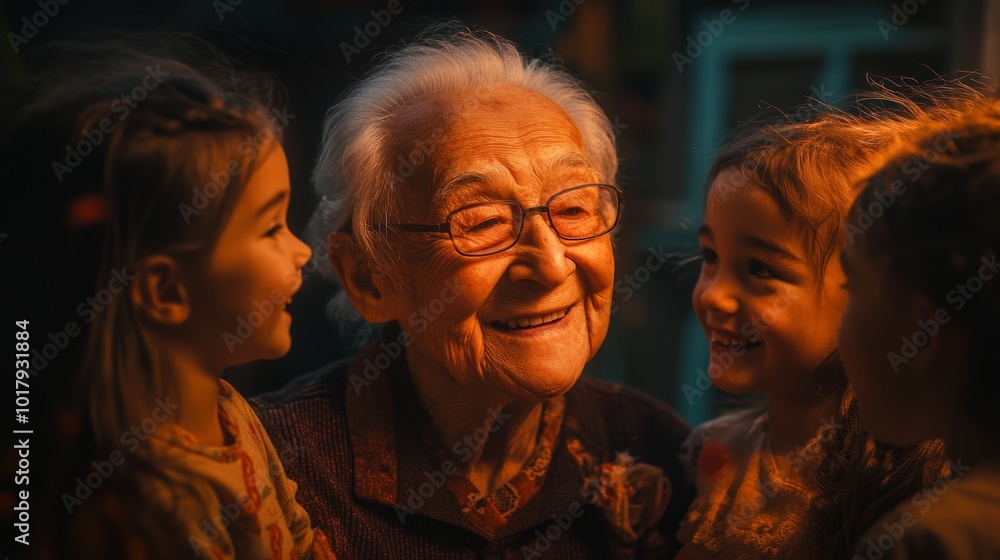 Elderly Woman Surrounded by Children Happy Family Love and Care Senior Citizen Grandmo Elderly Woman Surrounded by Children Happy Family Love and Care Senior Citizen Grandmo