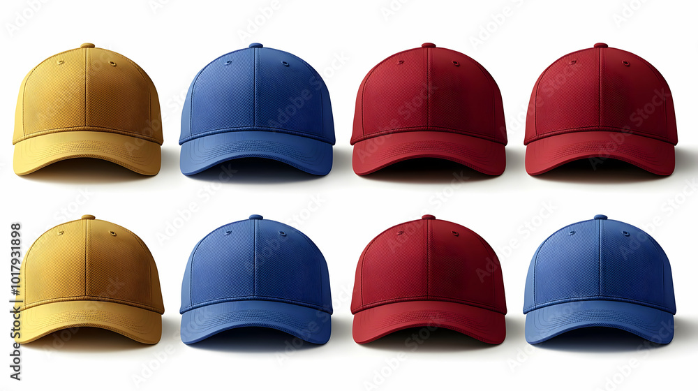 A grid of eight baseball caps in various colors. A grid of eight baseball caps in various colors.