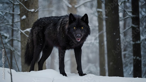 Silent Predator: Black Wolf in Wintery Woods
