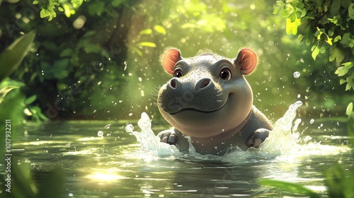 Adorable Cartoon Hippopotamus Playing in Water with Splash and Green Foliage