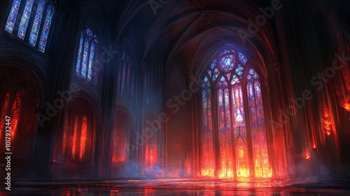 Gothic Cathedral Interior with Stained Glass and Firelight