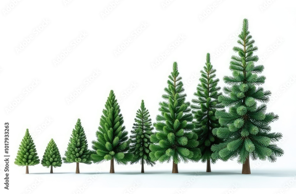 A row of Christmas trees from small to tall. The concept of the new year A row of Christmas trees from small to tall. The concept of the new year