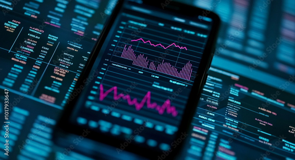 Digital arrow up graph on smartphone screen displaying stock market data, showcasing financial trends and analytics in modern, tech savvy environment Digital arrow up graph on smartphone screen displaying stock market data, showcasing financial trends and analytics in modern, tech savvy environment