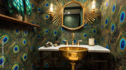 A stylish powder room with a striking peacock feather wallpaper