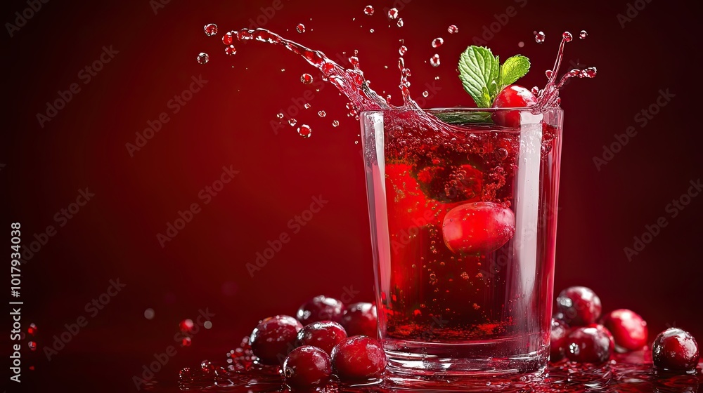 Cranberry juice splashing in a glass with mint garnish and cranberries. Cranberry juice splashing in a glass with mint garnish and cranberries.